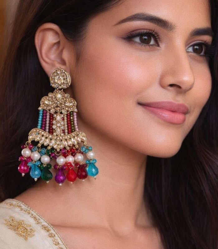 Antique Gold Multicolour Beaded Chandbali Earrings