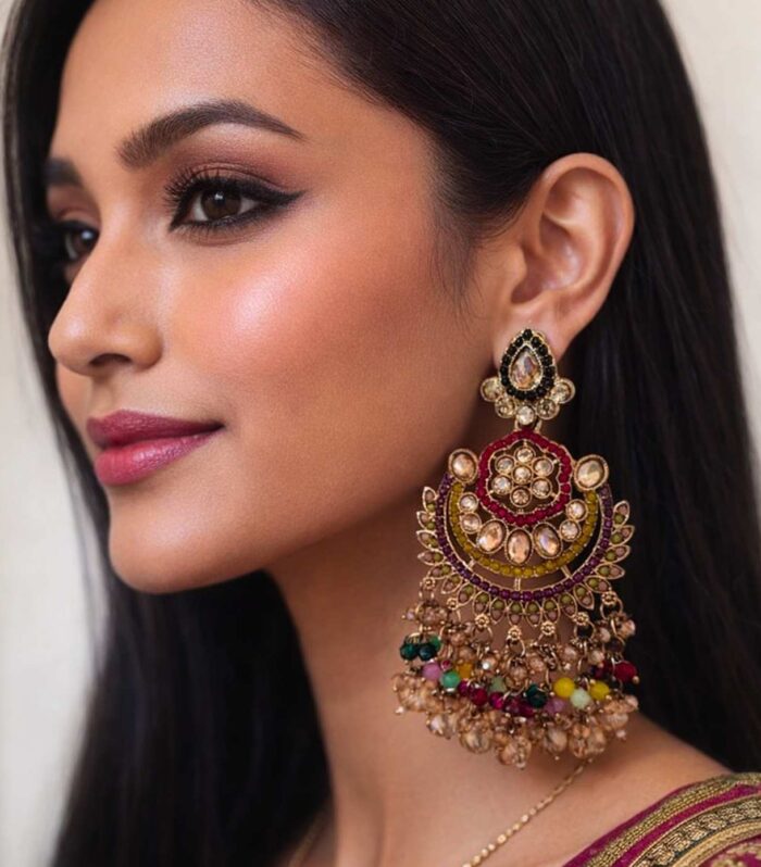 Antique Gold Multicolour Kundan Chandbali Earrings with Beaded Drops