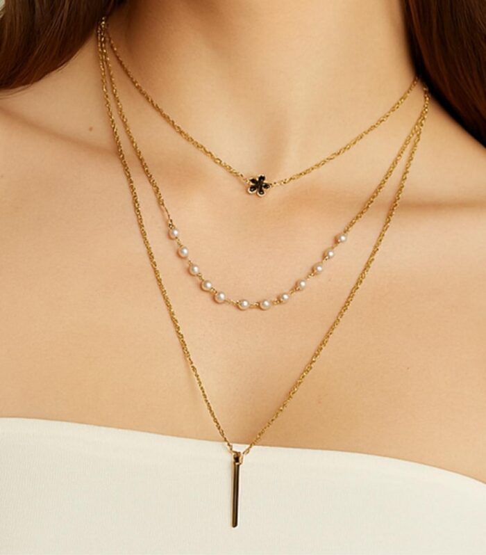 Layered Gold Chain Necklace with Pearl Detailing Clover Charm | Minimal Jewellery