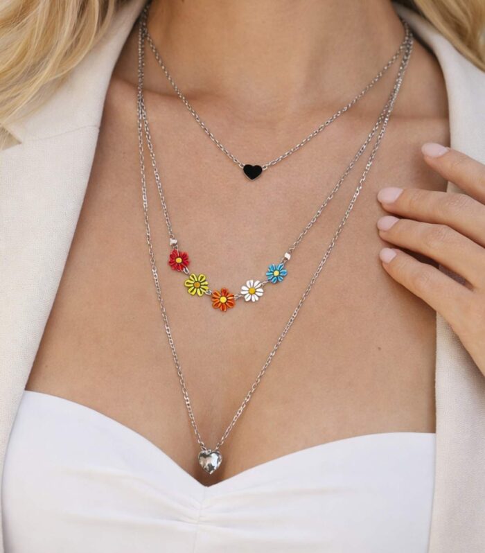 Layered Silver Chain Necklace with Colourful Flower Charms Heart Pendants