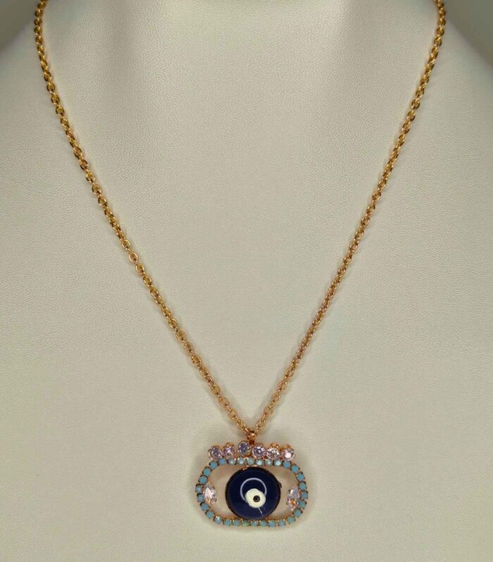 Gold Tone Evil Eye Pendant Necklace with Crystal Detailing