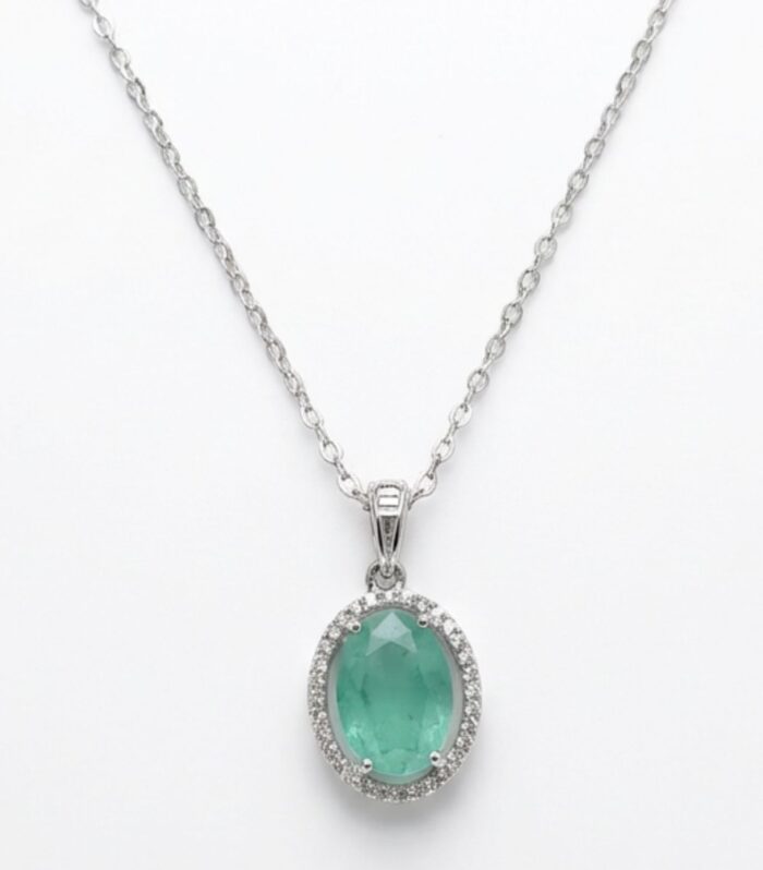 Green Oval CZ Silver Pendant Necklace | Elegant Halo Jewellery