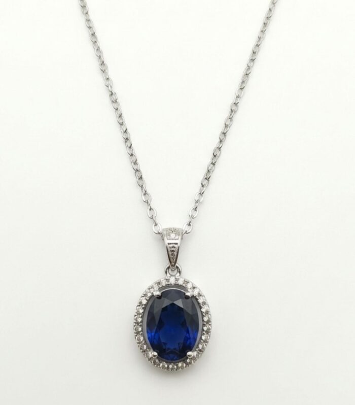 Blue Oval CZ Silver Pendant Necklace | Elegant Halo Jewellery