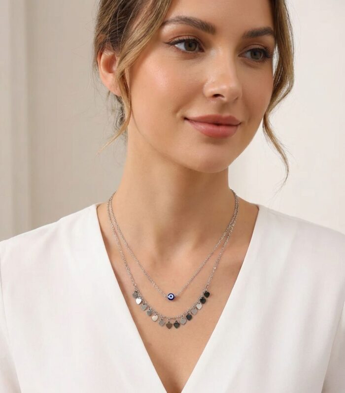 Silver Evil Eye Layered Heart Necklace | Protective Charm Jewellery