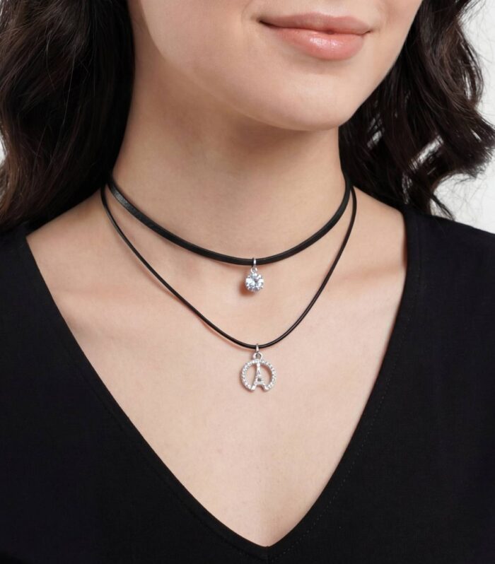 Black Choker Necklace Set with Crystal Crown Pendant | Trendy Jewelry