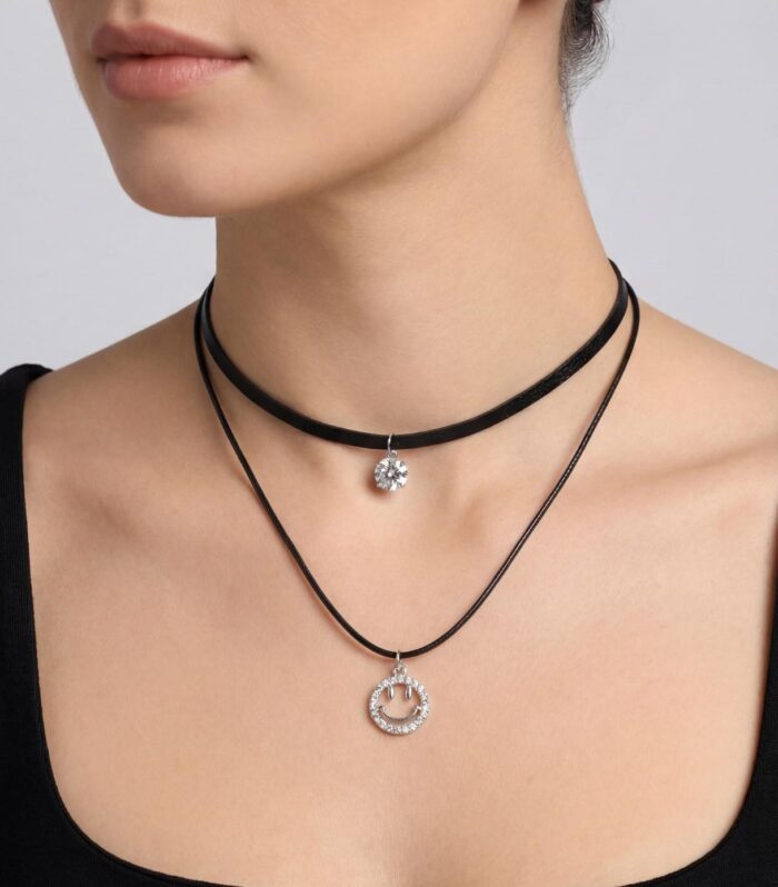 Black Layered Choker Necklace with Crystal Smiley Pendant | Trendy Jewelry