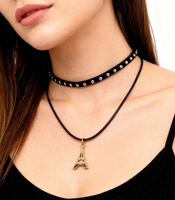 Black Studded Choker Necklace with Eiffel Tower Pendant | Trendy Jewelry