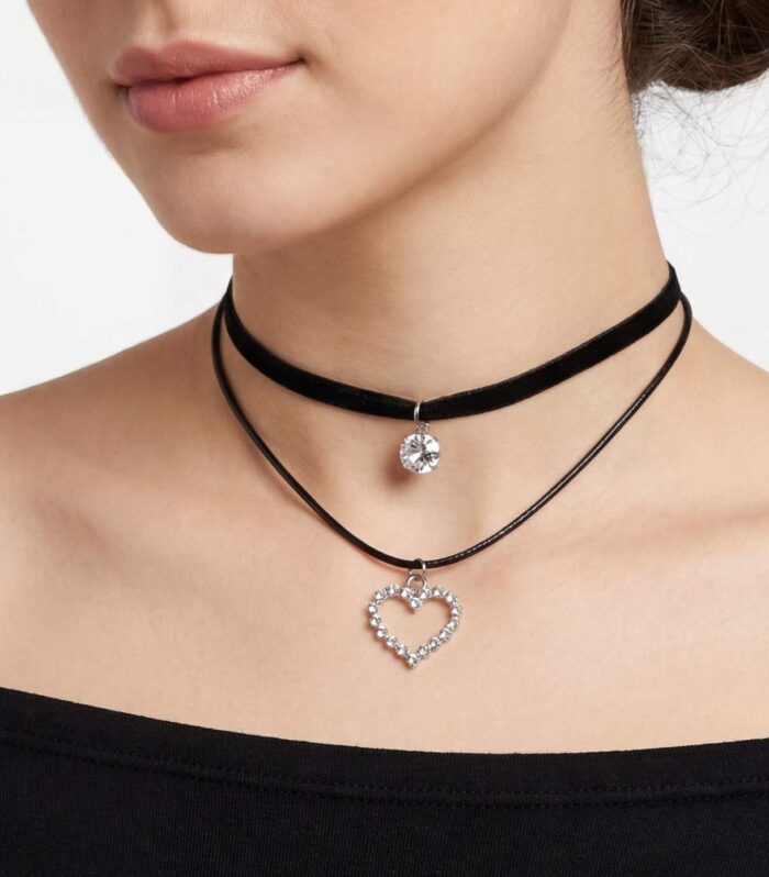Black Layered Choker Necklace with Crystal Heart Pendant | Trendy Jewelry