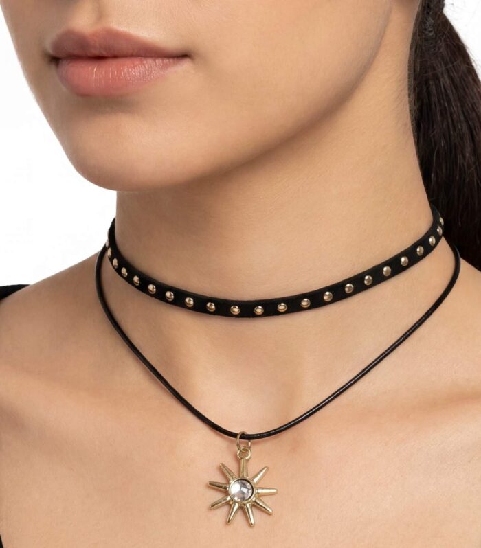Black Studded Choker Necklace with Sun Pendant | Trendy Gothic Jewelry