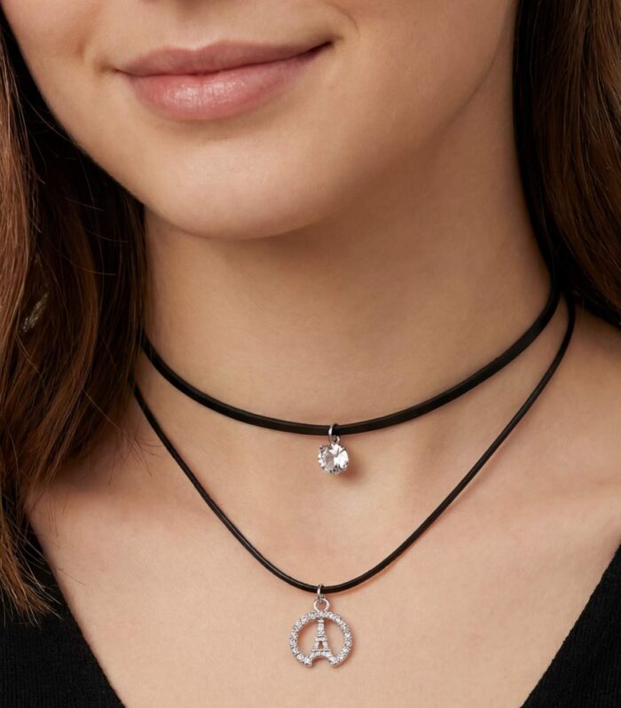 Black Layered Choker Necklace with Crystal Crown Pendant | Trendy Jewelry