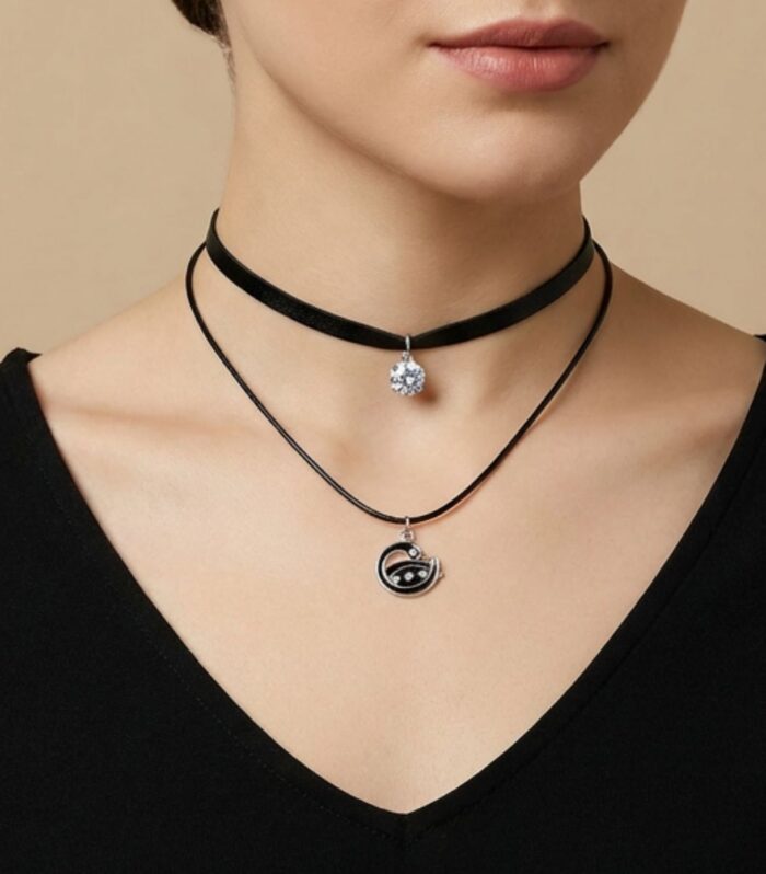 Black Layered Choker Necklace with Crystal Abstract Swirl Pendant