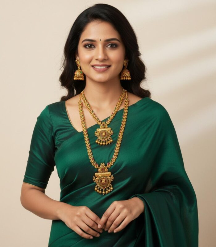 Traditional Temple Jewellery Long Necklace Set with Goddess Motif