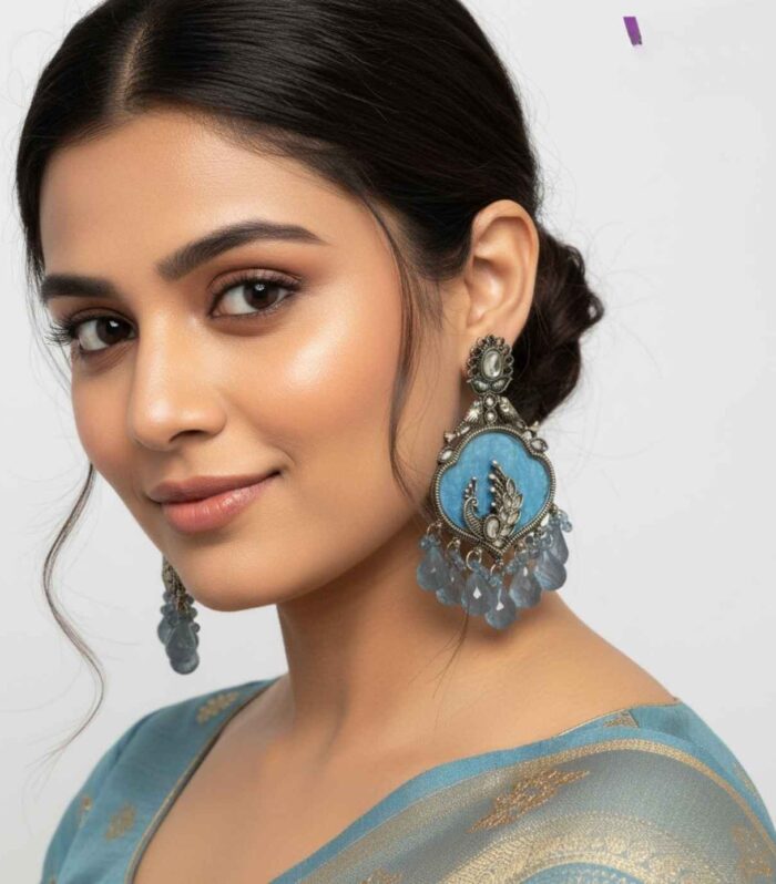 Peacock Motif Blue Chandelier Earrings | Antique Finish