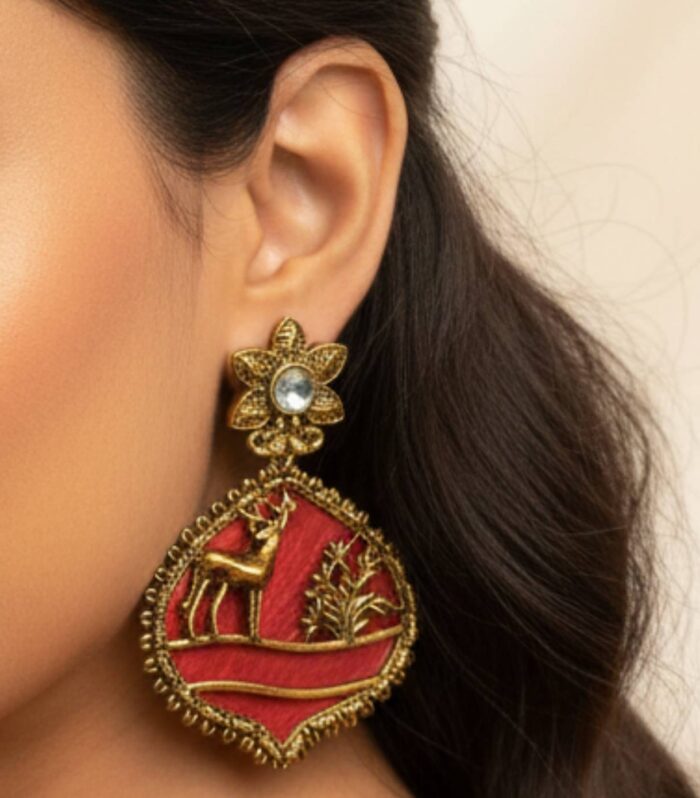 Antique Gold Tribal Deer Red Enamel Statement Earrings