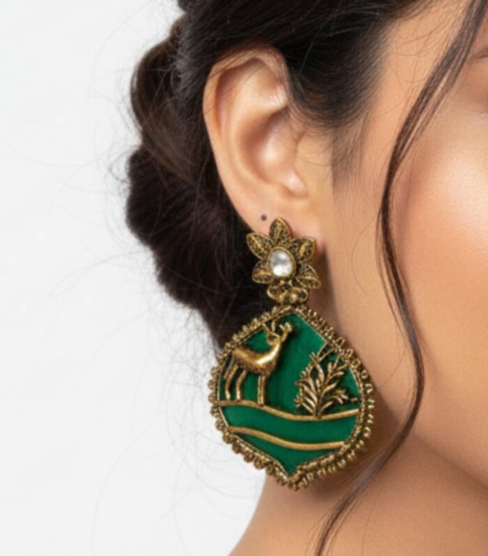 Antique Gold Tribal Deer Green Enamel Statement Earrings