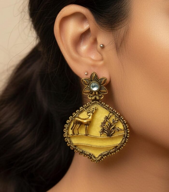 Antique Gold Tribal Deer Yellow Enamel Statement Earrings