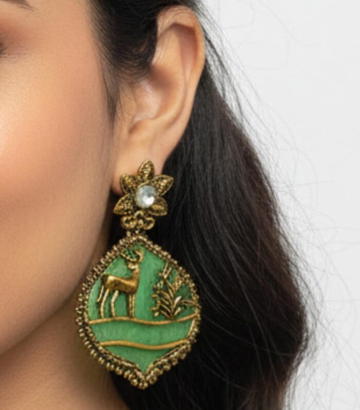 Antique Gold Tribal Deer Light Green Enamel Statement Earrings