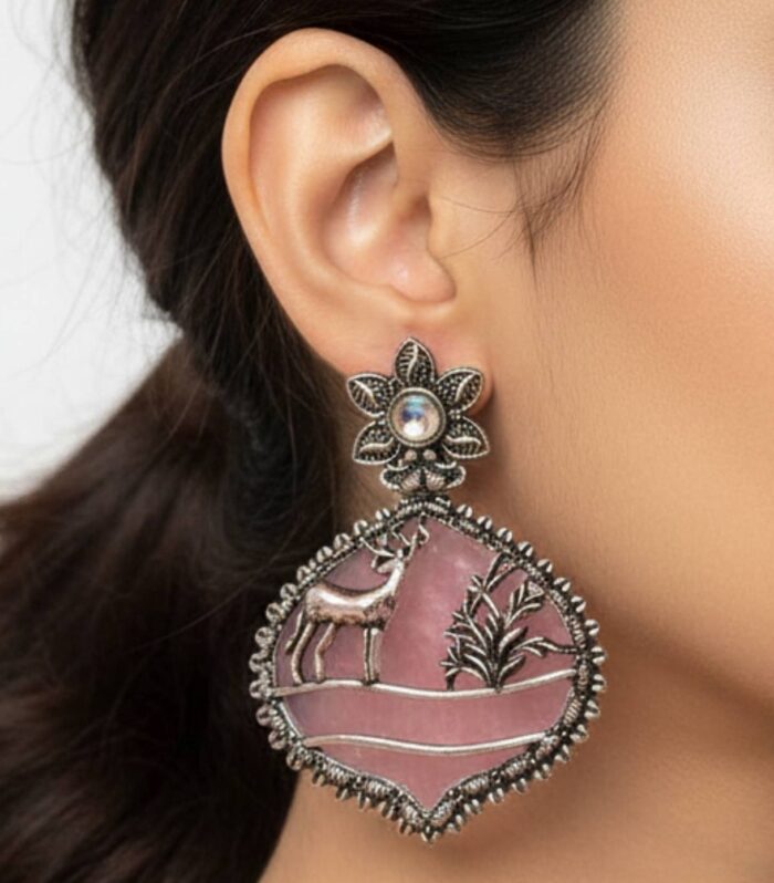 Oxidised Silver Tribal Deer Pink Enamel Statement Earrings