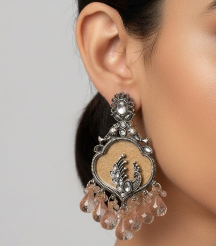 Oxidised Silver Peacock Beige Stone Drop Earrings