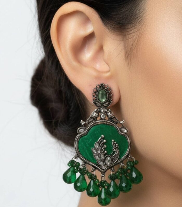 Antique Peacock Green Stone Drop Earrings | Traditional Statement Jewellery