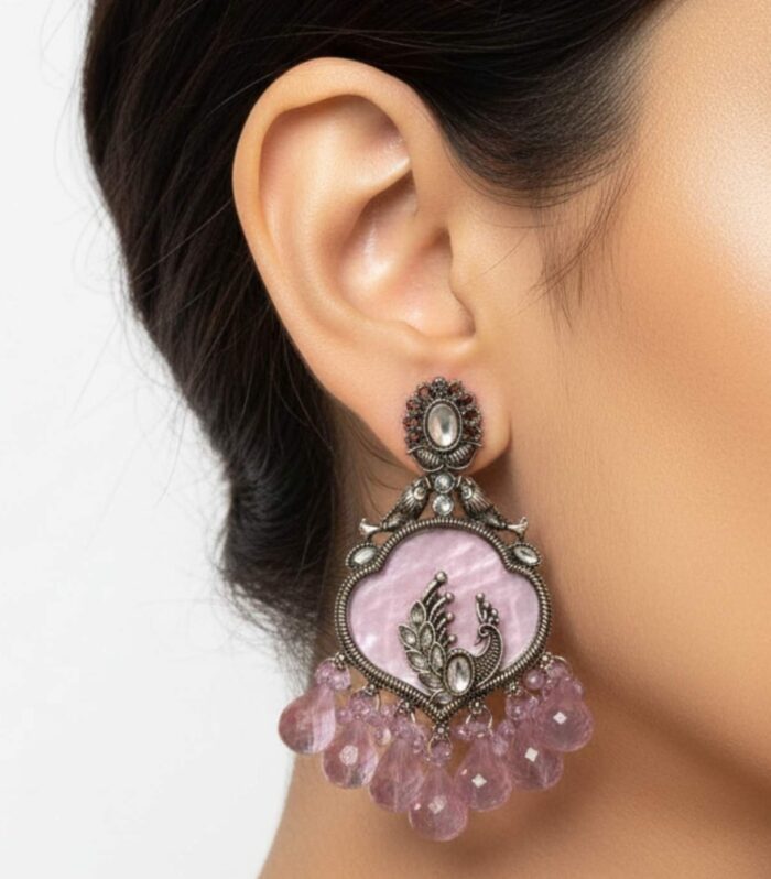 Antique Peacock Pink Stone Drop Earrings | Traditional Statement Jewellery