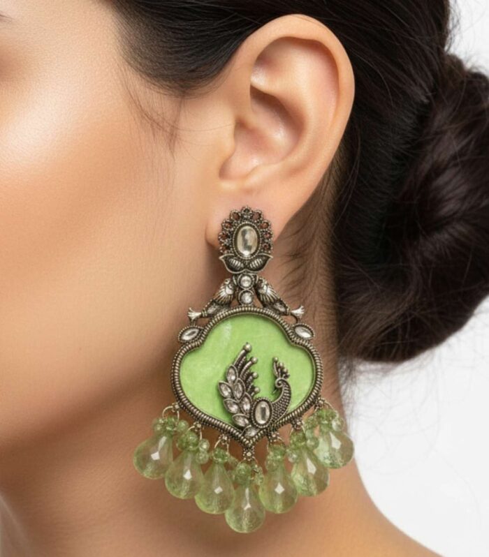 Antique Finish Peacock Pistachio Green Stone Drop Earrings