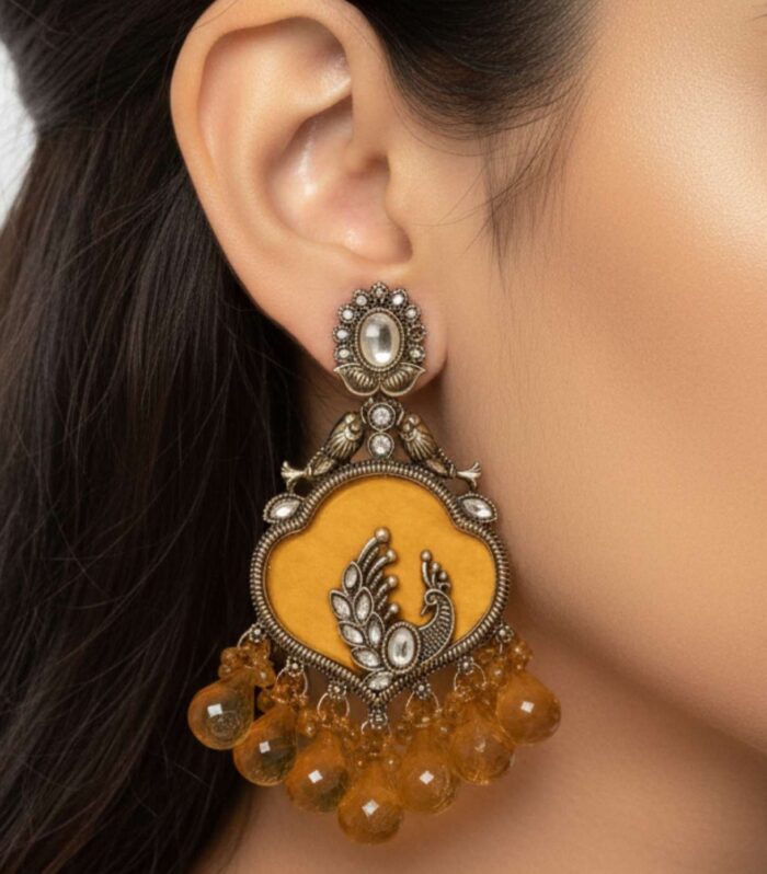 Antique Finish Peacock Mustard Yellow Stone Drop Earrings