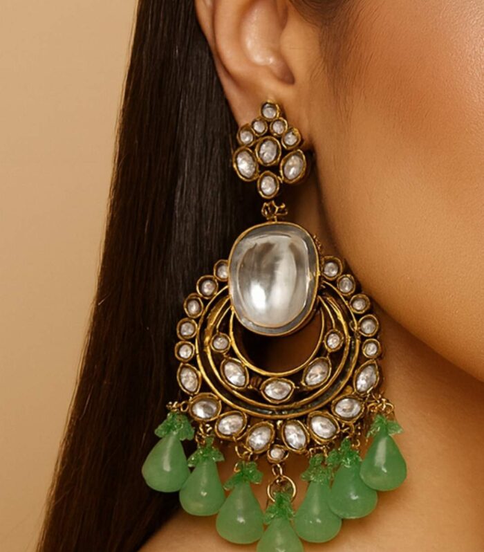 Silver Kundan Statement Earrings with Green Bead Drops