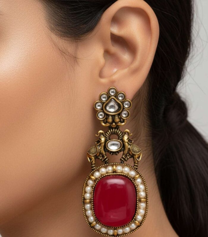Antique Kundan Red Stone Pearl Earrings | Traditional Peacock Design Jewellery