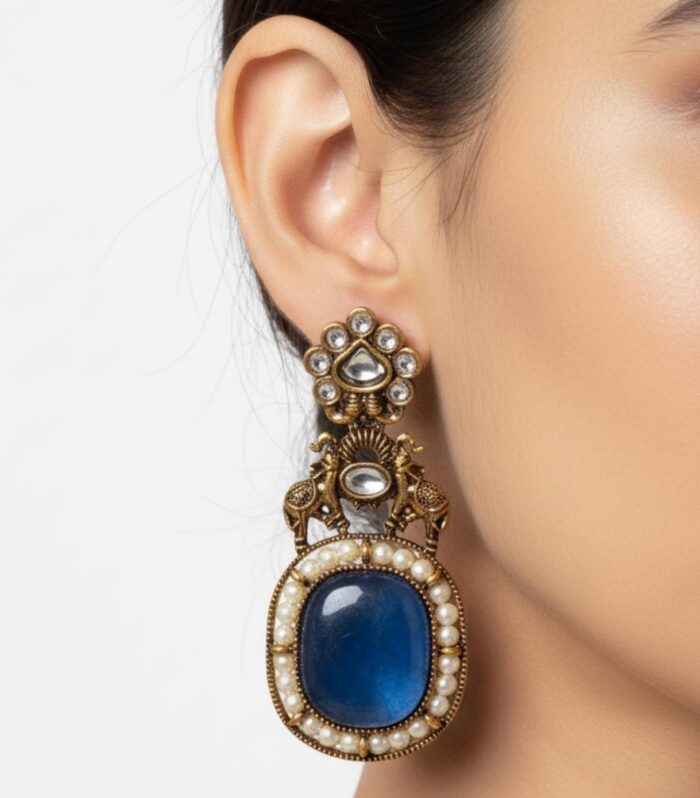 Antique Kundan Blue Stone Pearl Earrings | Traditional Peacock Design Jewellery