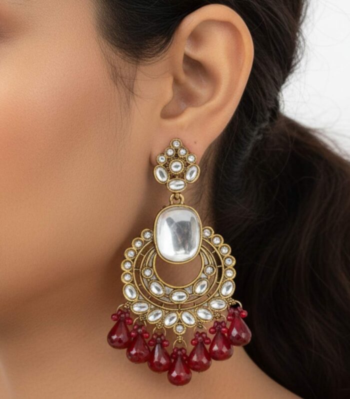 Antique Kundan Chandelier Earrings with Red Bead Drops | Traditional Bridal Jewellery