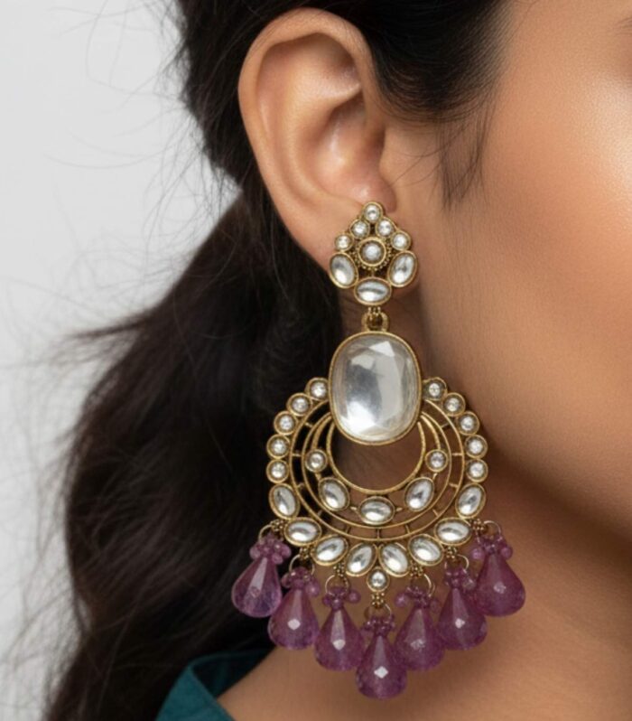 Antique Kundan Chandelier Earrings with Purple Drops | Traditional Ethnic Jewellery