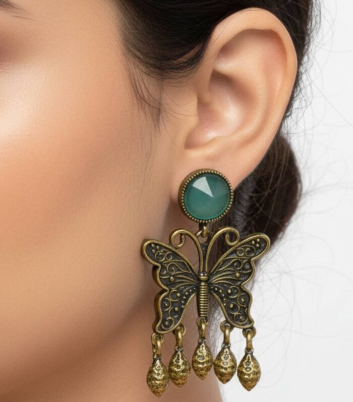 Antique Butterfly Earrings with Green Stone & Gold Drops | Statement Jewellery