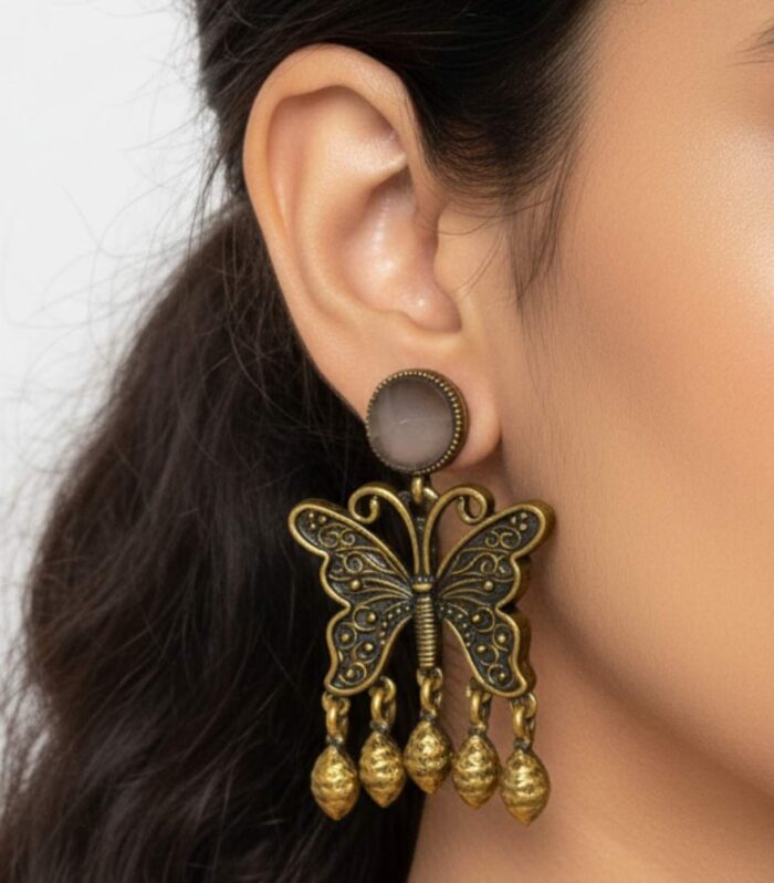 Antique Butterfly Earrings with Brown Stone Gold Drops | Vintage Statement Jewellery