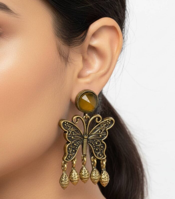 Antique Butterfly Earrings with Amber Stone Gold Drops | Statement Jewellery