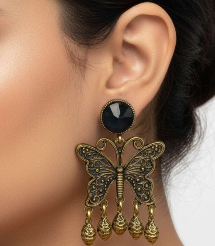 Antique Butterfly Earrings with Blue Stone Gold Drops | Statement Jewellery