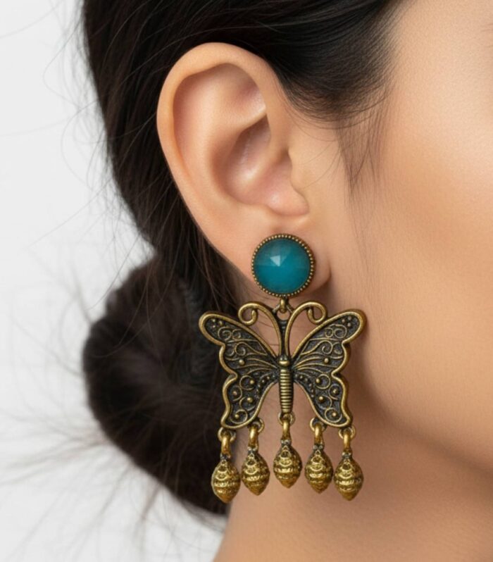 Antique Butterfly Drop Earrings with Teal Cat Eye Stone