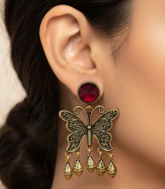 Antique Butterfly Drop Earrings with Ruby Red Stone