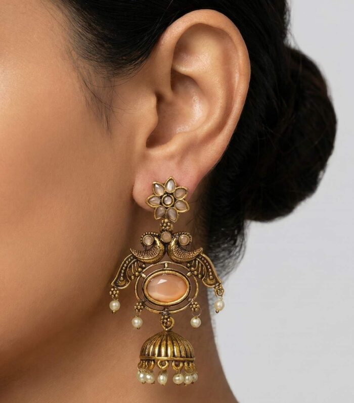 Antique Peacock Jhumka Earrings with Peach Stone
