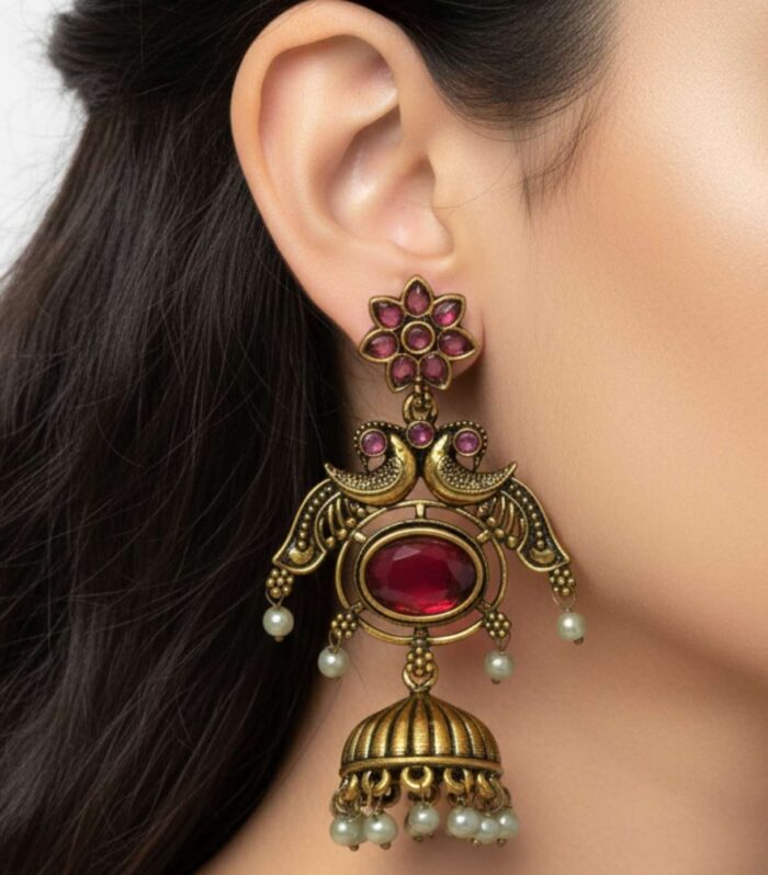 Antique Peacock Jhumka Earrings with Ruby Red Stone