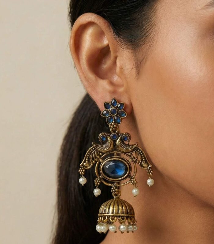 Antique Peacock Jhumka Earrings with Royal Blue Stone