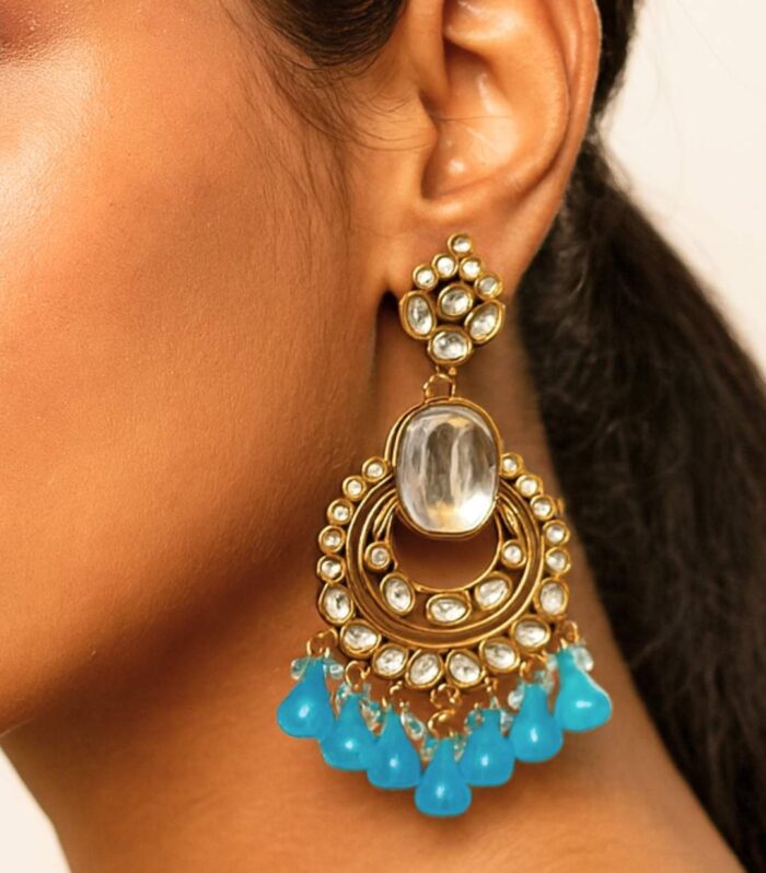 Silver Kundan Circle Earrings with Blue Bead Drops