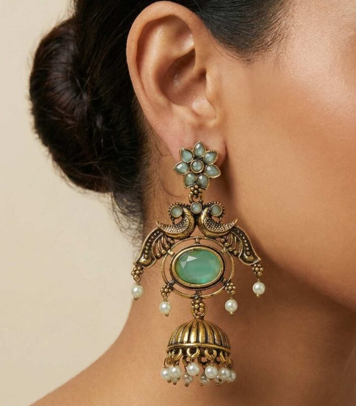 Antique Peacock Jhumka Earrings with Emerald Green Stone