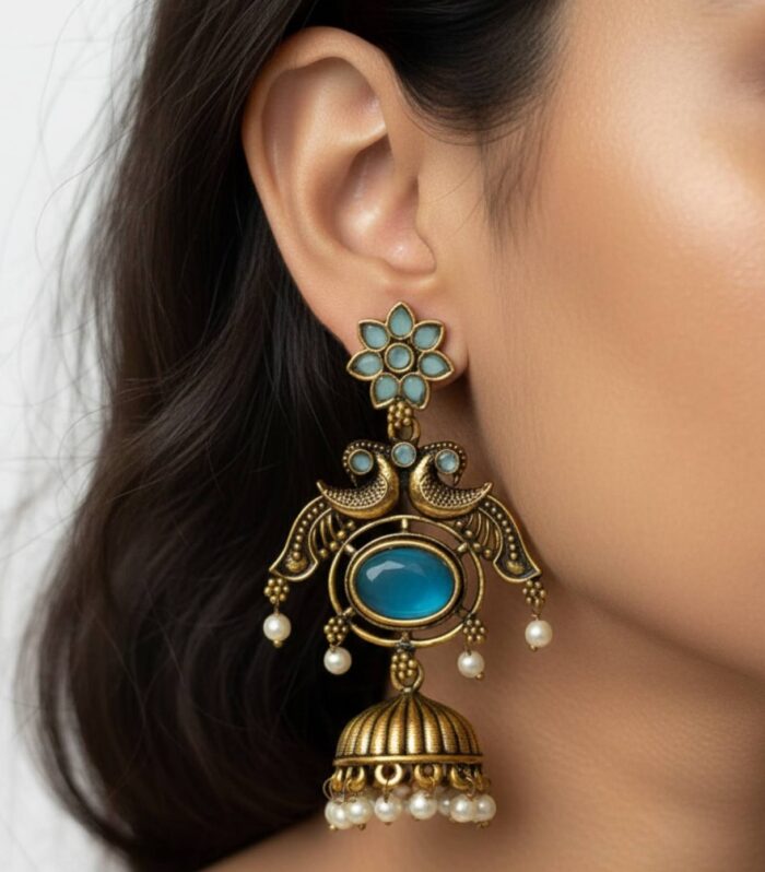 Antique Peacock Jhumka Earrings with Teal Blue Stone