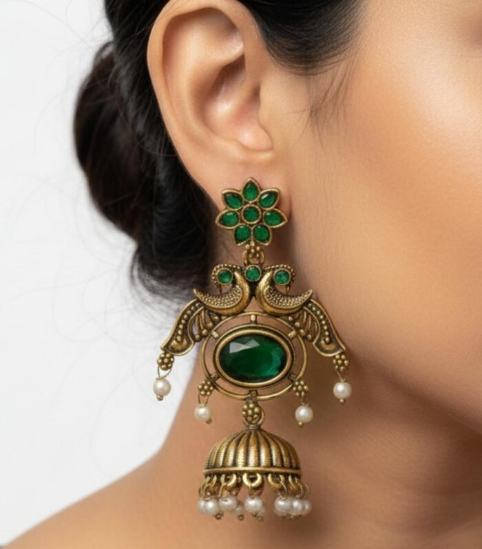Antique Peacock Jhumka Earrings with Emerald Green Stone