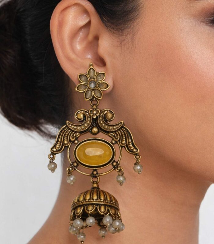 Antique Peacock Jhumka Earrings with Mustard Yellow Stone