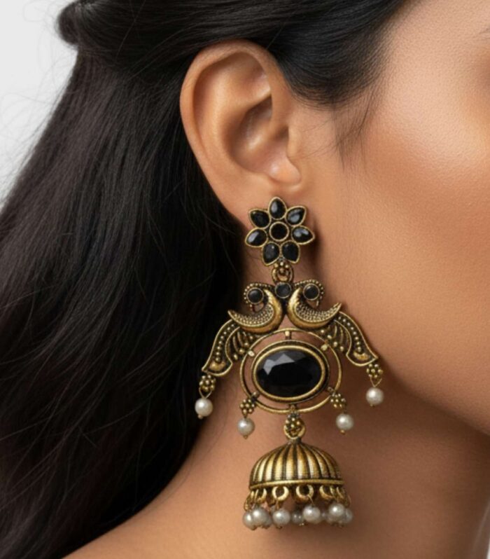 Antique Peacock Jhumka Earrings with Black Stone
