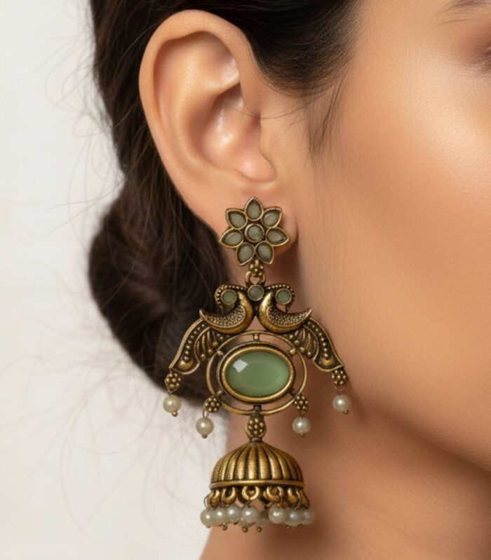 Antique Peacock Jhumka Earrings with Green Stone