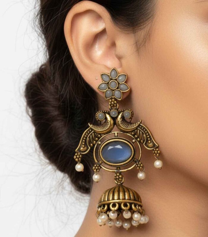 Antique Peacock Jhumka Earrings with Blue Stone