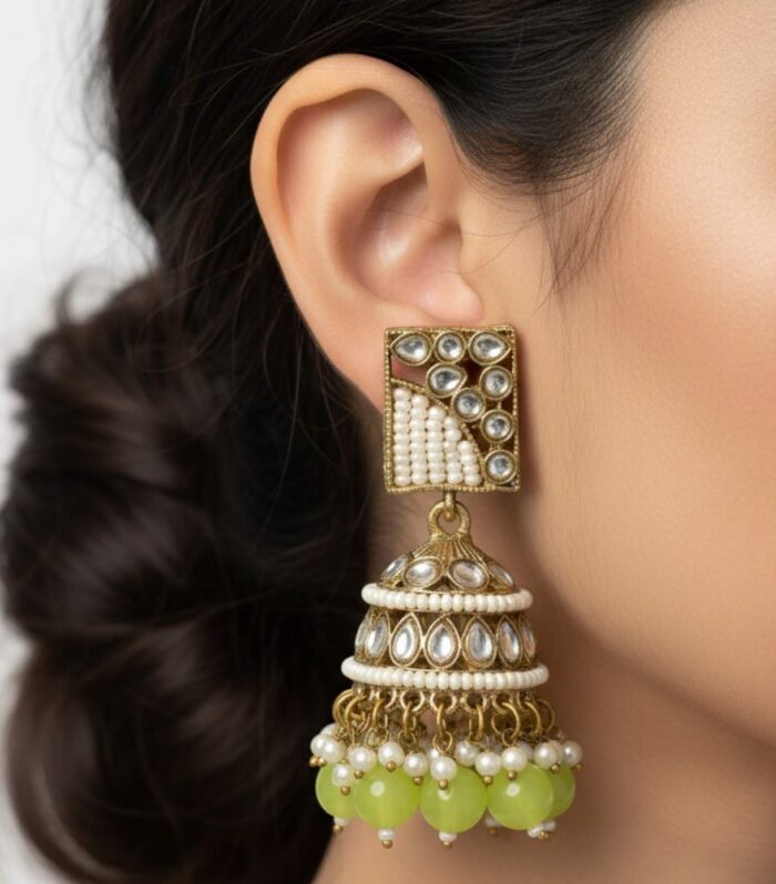 Antique Kundan Jhumka Earrings with Green Bead Drops